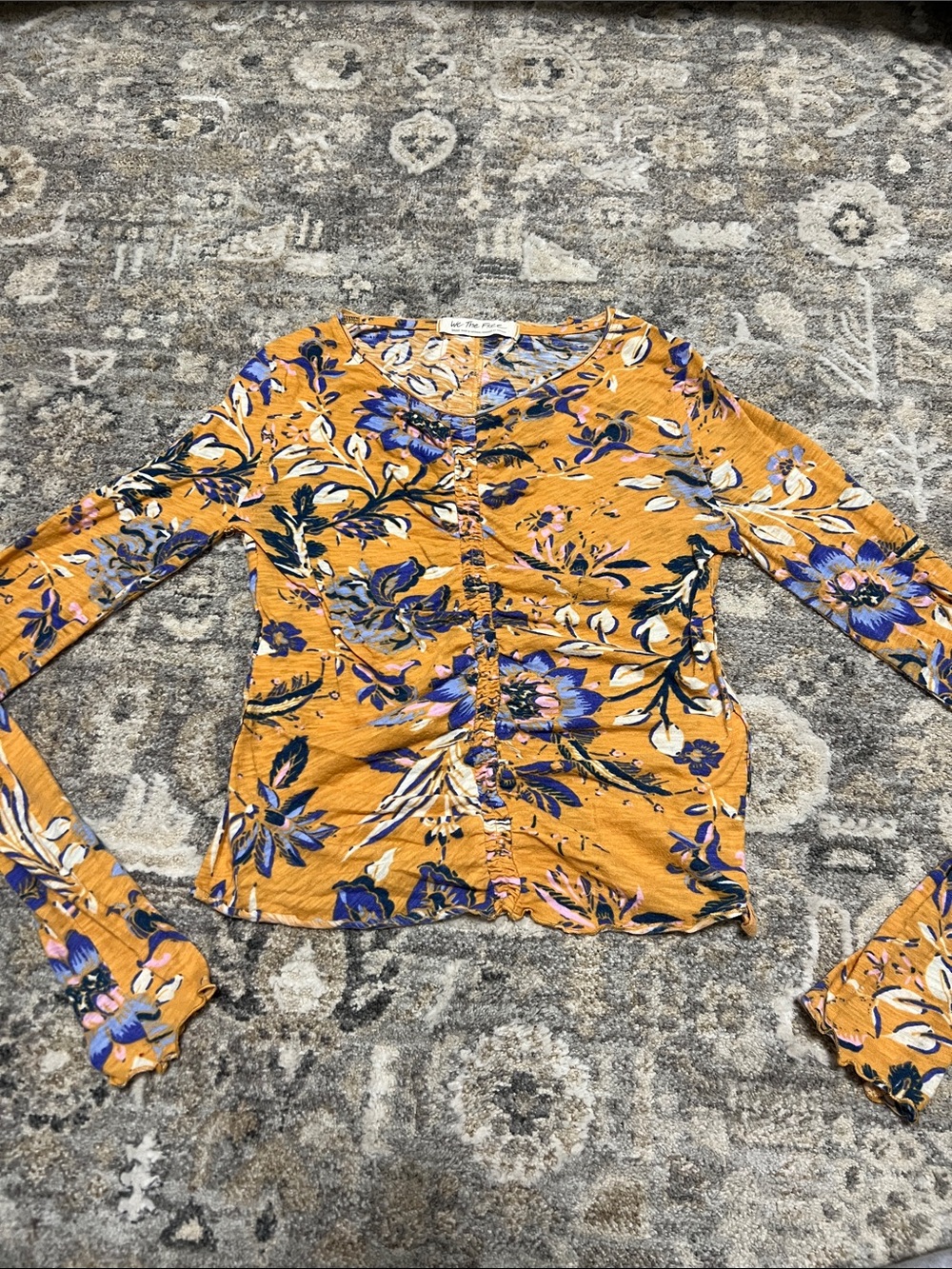Floral Ruched Front Long Sleeve Top - Mustard